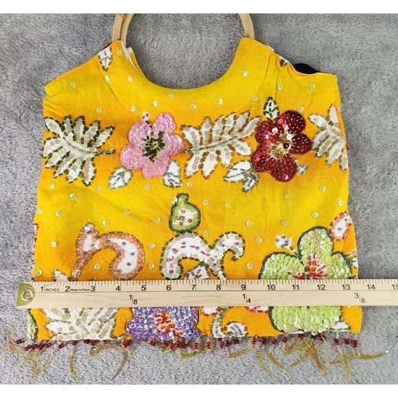 Bali Collection Purse Womens Yellow Hippie Boho Floral Sequined Wooden Handle - Picture 5 of 8